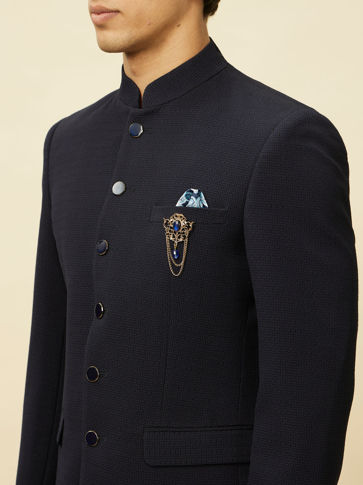 alt message - Manyavar Men Twilight Blue Textured Jodhpuri Suit image number 1